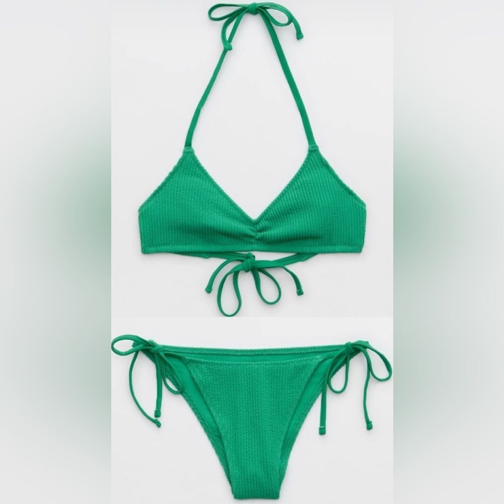 NWT Aerie FULL SET Crinkle Halter Voop Top + Cheekiest Tie Bottom in Green - M